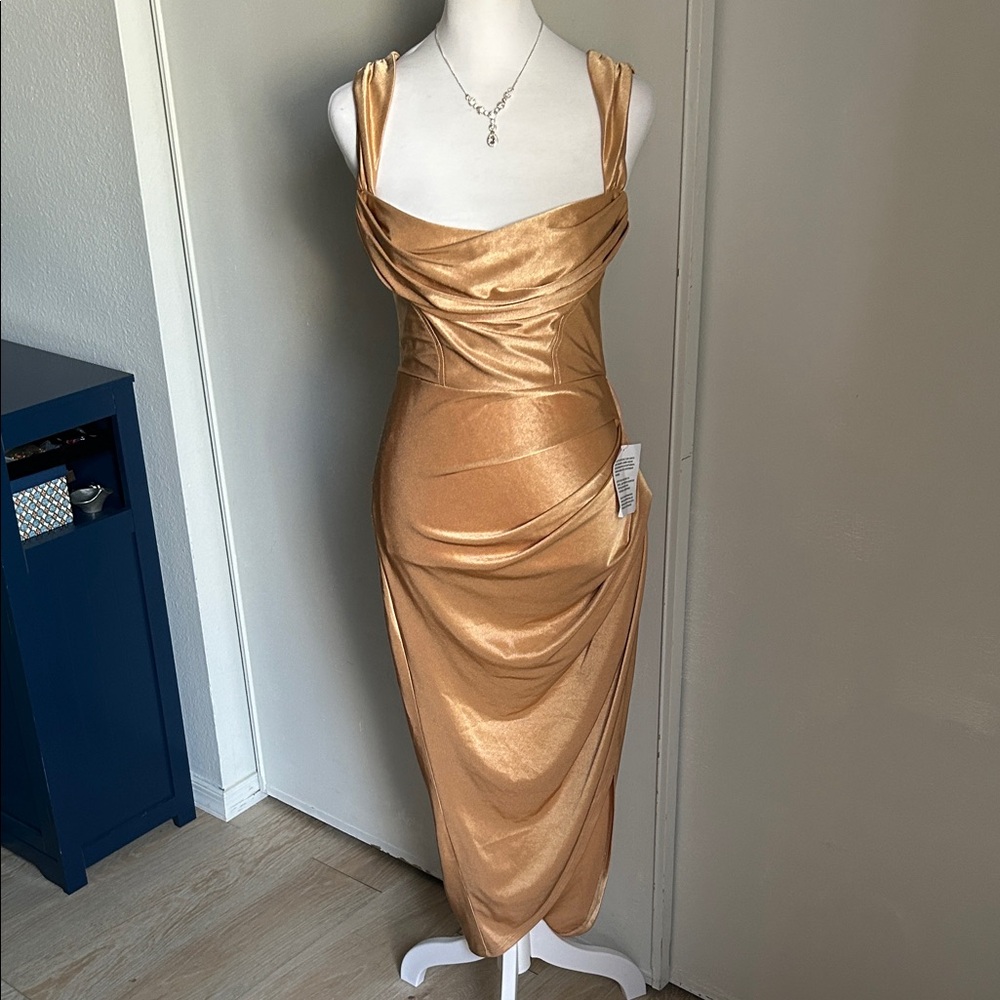 New ASOS Sleeveless Gold Sheen Cowl Neck Ruched Formal Prom Evening Dress
